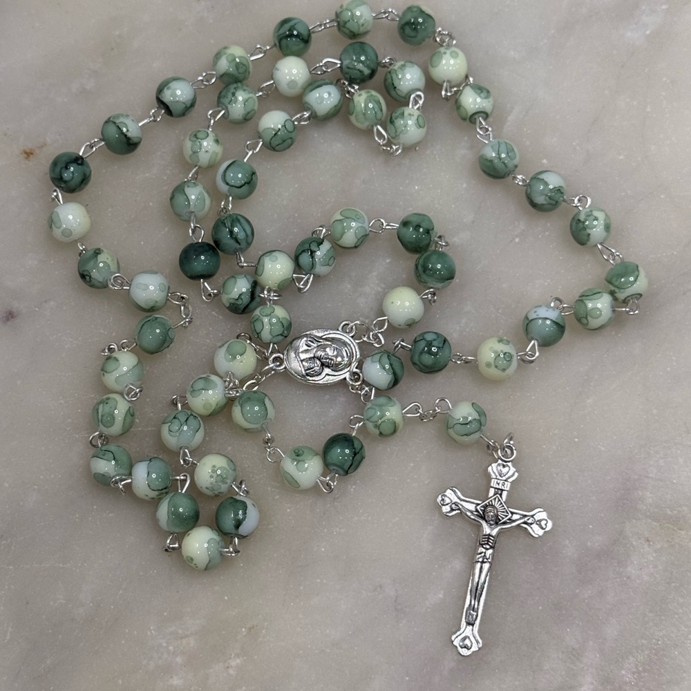 Elegant Green Beaded Rosary Necklace